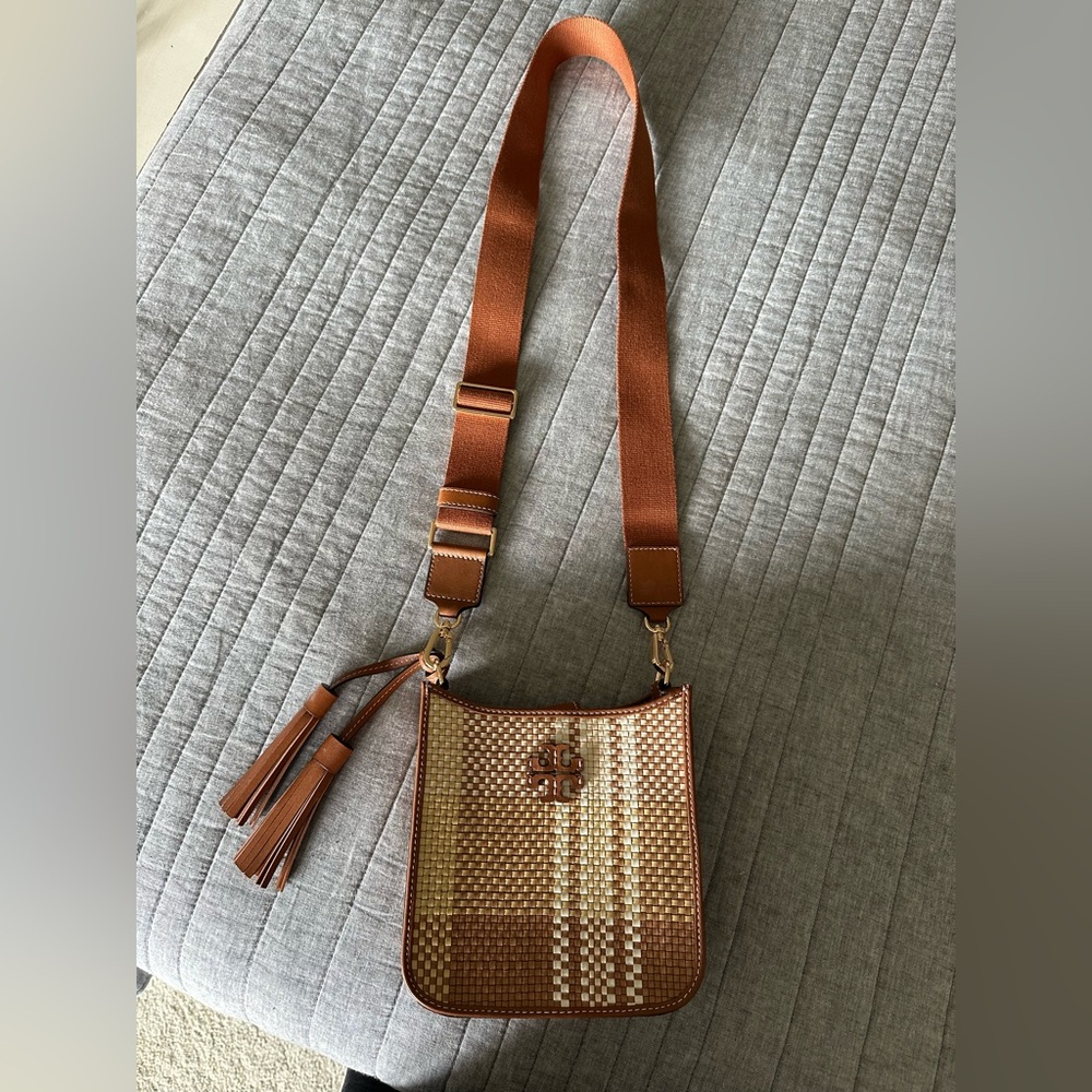 Tory Burch Brown and Cream Woven Crossbody Bag